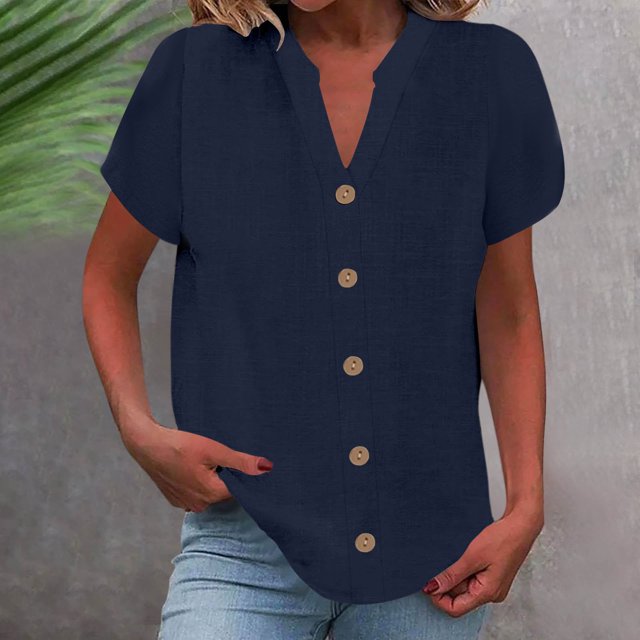 asjyhkr Womens Button down T Shirts V Neck Linen Cotton Short Sleeve T Shirts Summer Tops Basic Beaic Tshirts