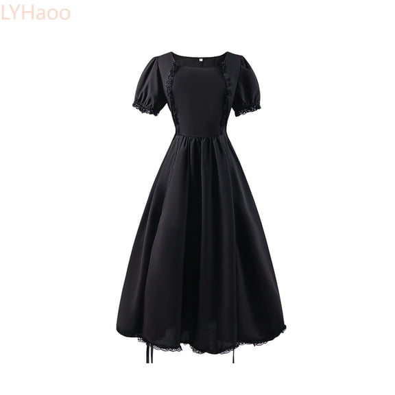 LYHaoo Big Girls Regency Dresses Ruffled Classical Puff Sleeve Empire Waist Dress Gown,Girls Lace Dresses Sizes 16-18 Years Black