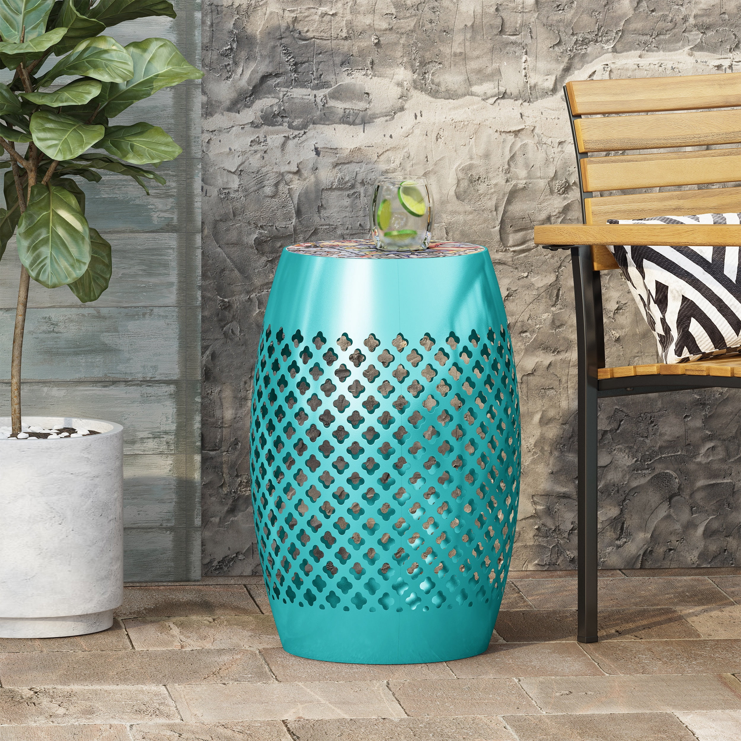 Samerah Outdoor Iron Side Table, Teal, Multi-Color