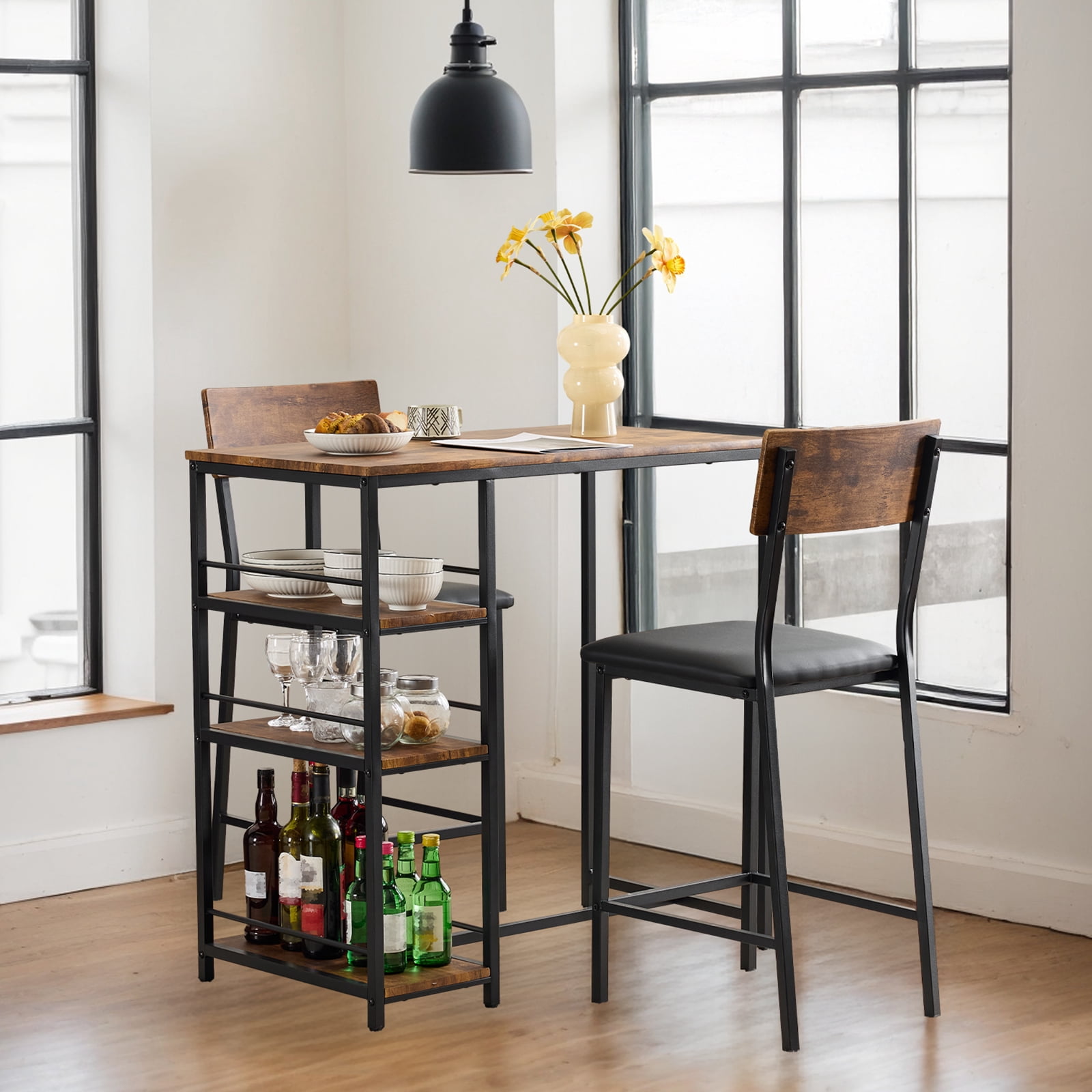 Ktaxon 3 Pieces Dining Table Set for 2, Counter Height Bar Table Set with Storage Shelves and Padded Chairs for Dining Room, Kitchen, Rustic Brown