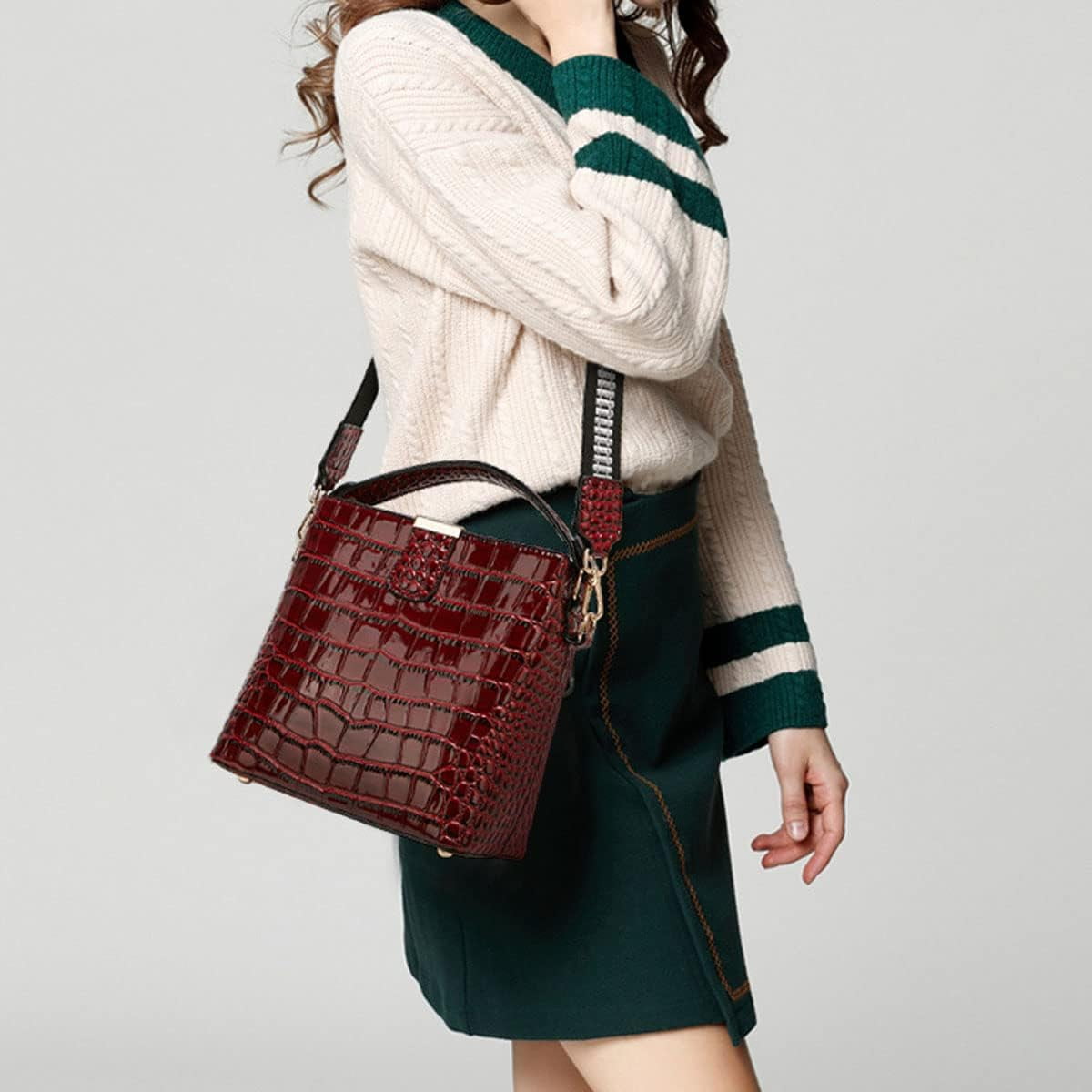 Bucket Bag and Purse For Women Shiny Patent Leather Hobo Bag and Zipper Shoulder Handbag Top Handle Satchel