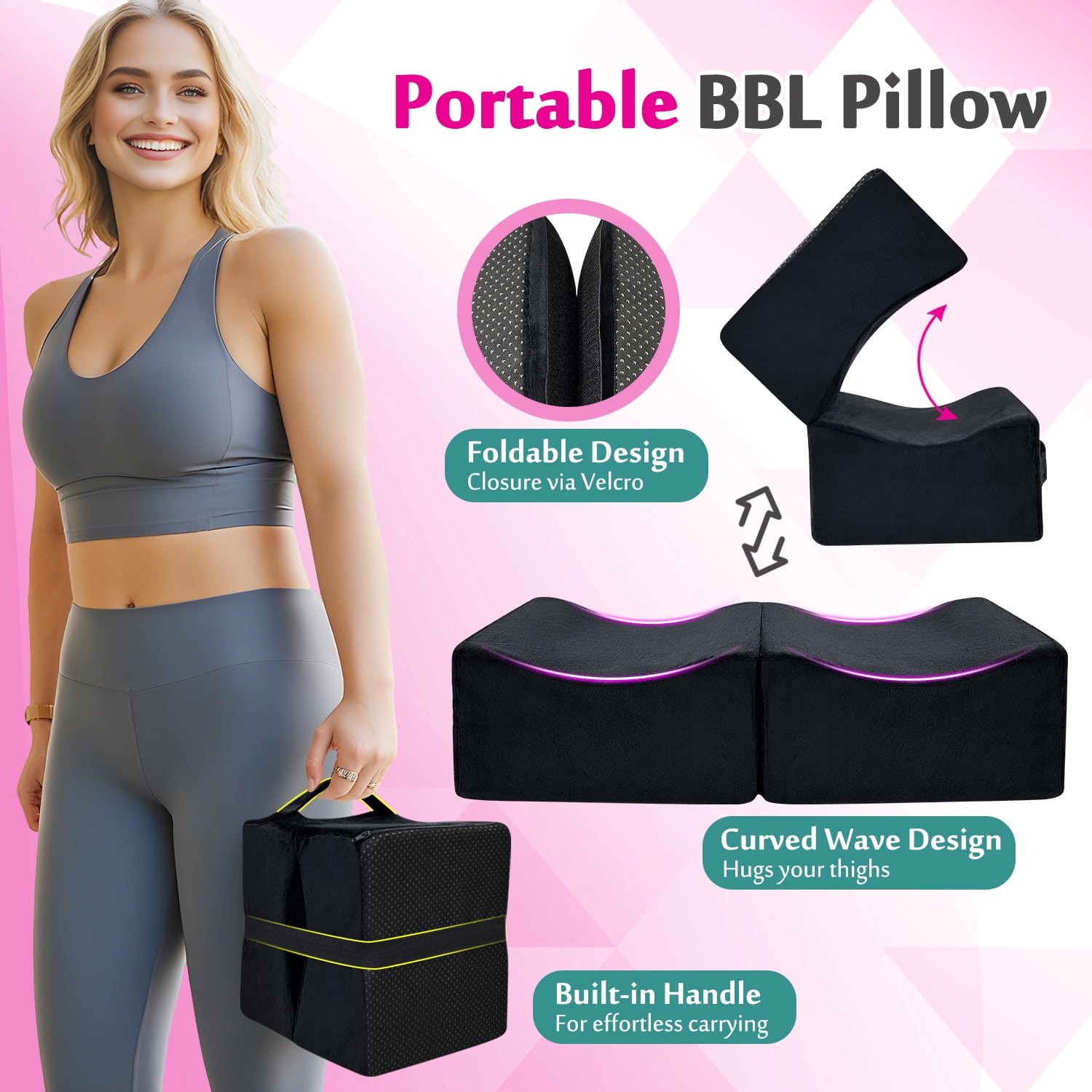 Butt Support Pillow with Back Cushion – Firm BBL Sitting Pillow with Velvet Cover, Foldable Design, Fits Office Chair, Car Seat, Travel Use