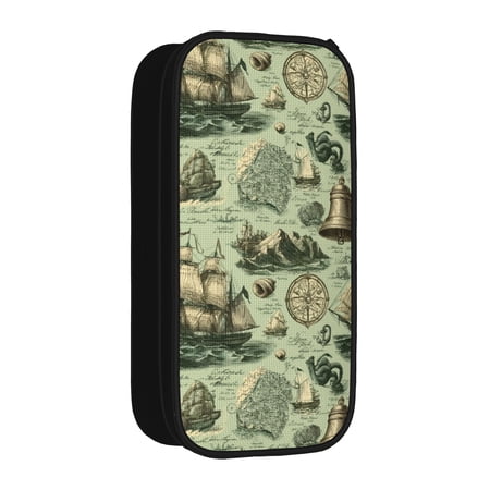 Nautical illustrationPencil Case Double Layer Pencil Pouch Organizer Pen Case with Multiple Compartments Elastic Slots Portable Office Supplies Storage Bag Travel Organizer Bag