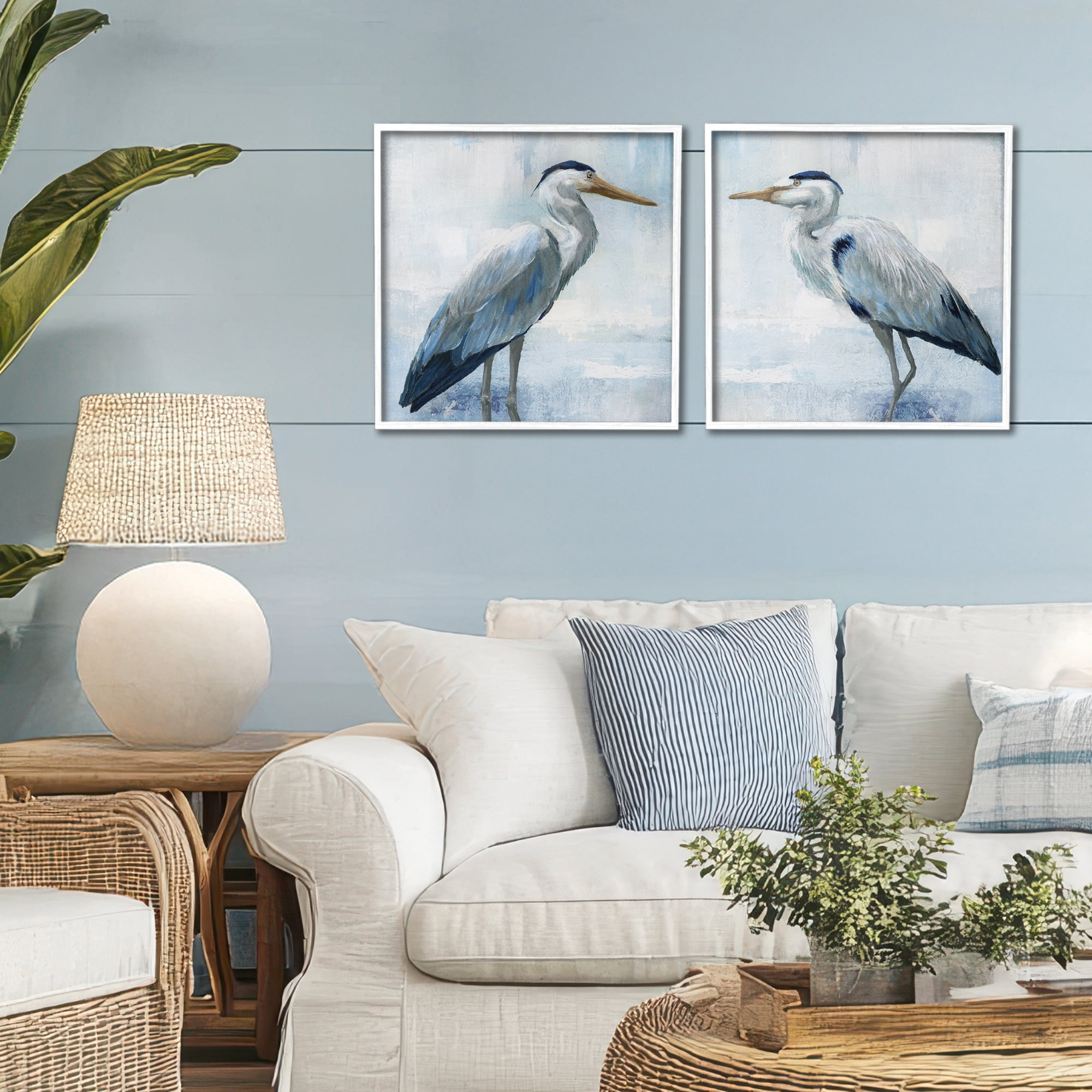 Stupell Industries Faded Blue Coastal Herons 2 Piece White Framed Giclee Art Set, design by Nan