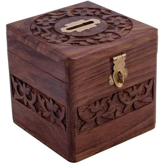RATAN ENTERPRISES Wooden Money Bank Square Size Small Piggy Bank Decorative Home Decor Coin Box For Kids Gift - Brown, Classic