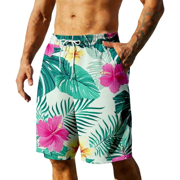 Men's Swim Shorts Hawaiian Bathing Mesh Lining Swimsuits Beach Tropical Flower Trunks with Pockets