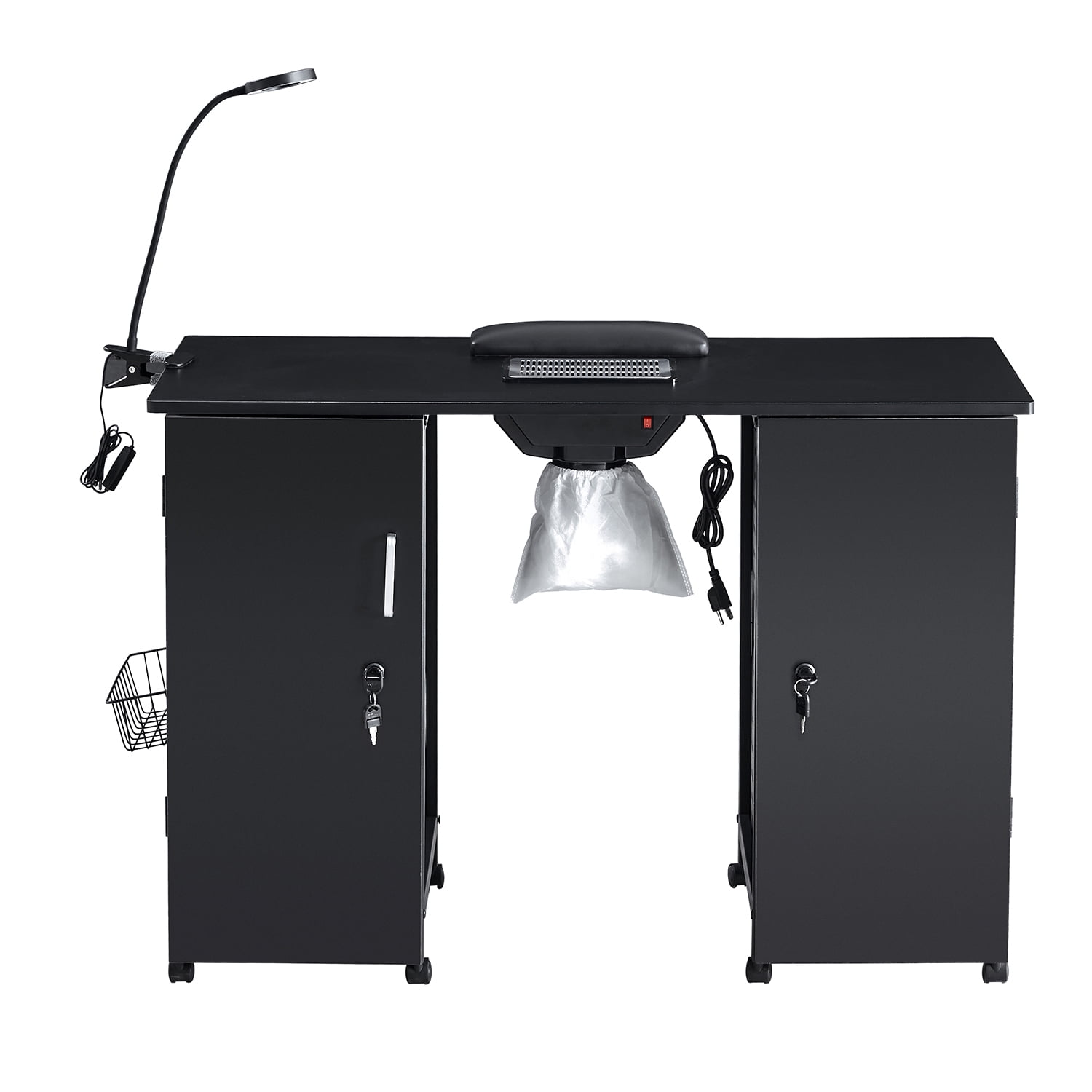 Kadyn 42" Manicure Table Nail Desk, Beauty Spa Salon Workstation w/ Wrist Rest, Lockable Cabinets,LED Lamp,Electric Downdraft Vent, 2 Cabinets,Black