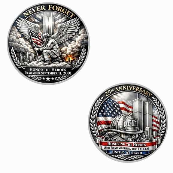 25th Anniversary 911 Firefighter Commemorative Coin, Alloy Honor Keepsake Token, Patriotic Collectible Ornament for Desktop Display andMemorial Gift Arrangement