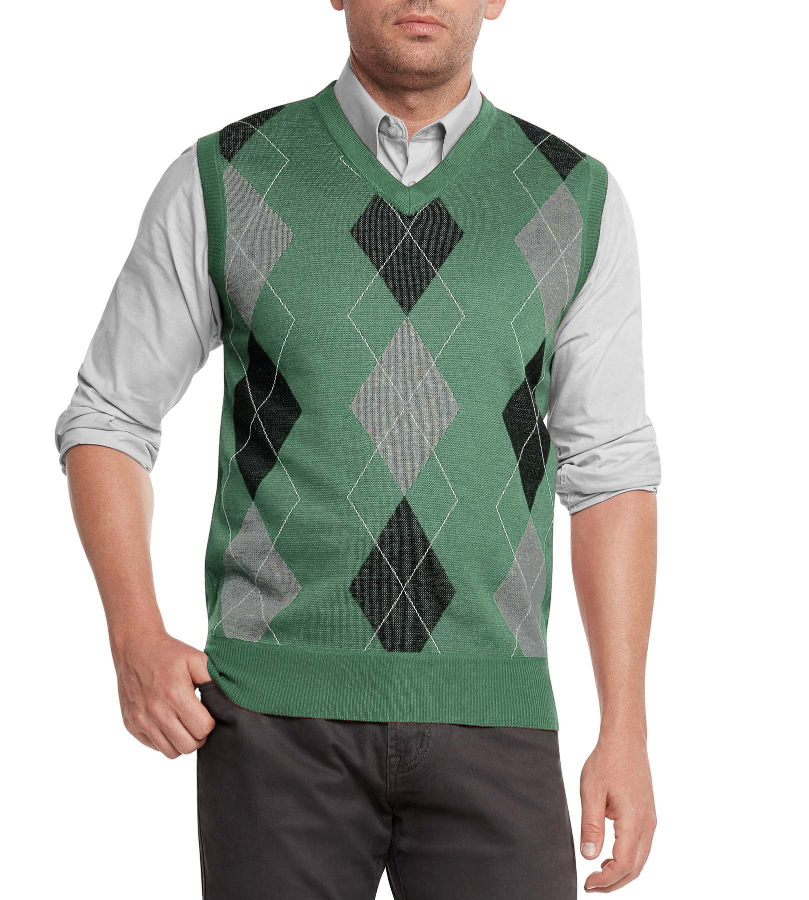 True Rock Men's Argyle V-Neck Sweater Vest (Sage/Blk/Gry, Large ...