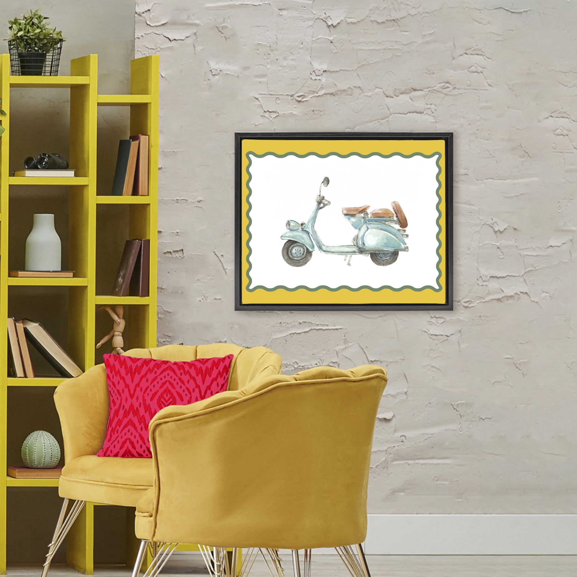 Stupell Industries Blue Vespa with Yellow Border Black Framed Floater Canvas Wall Art, design by Lanie Loreth