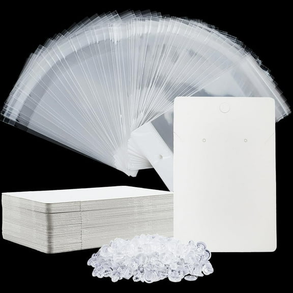100Pcs 3.5 x 2.4 Inch White Earring Cards Jewelry Card Display with One Pair Hole Bags Plastic Ear Nuts Rectangle Paper Cardboard Kits for Packaging Selling Display Jewelry Necklace Earrings