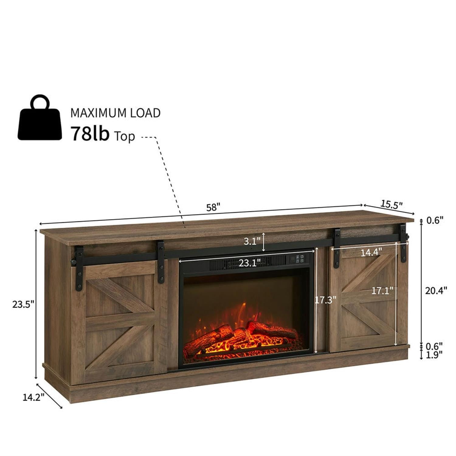 Demi Bonn Modern Fireplace TV Stand for Television up to 65" with Storage and Farmhouse Sliding Barn Doors, Entertainment Center with Cabinet and Shelves, Brown