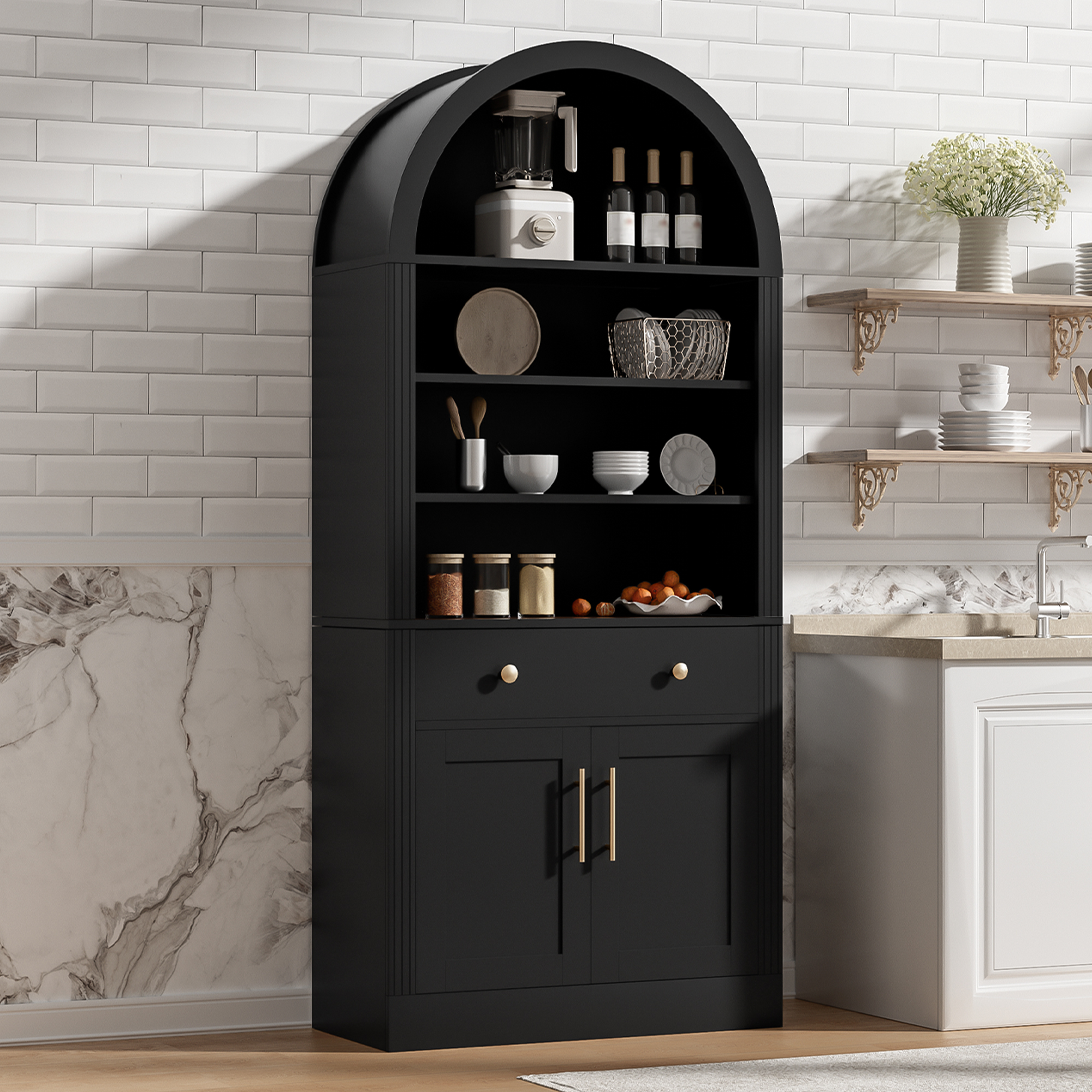 Euroco 70.9" Tall Arched Bookcase with Doors,Modern 6-Tier Bookshelves with Storage Drawer & Adjustable Shelves,Freestanding Kitchen Pantry Cabinet for Living Room,Home Office,Black