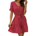 thumbnail image 4 of Women Polka Dots Print V Neck Ruffled Sleeve Buttons Tie Waist Mini Dress, 4 of 7