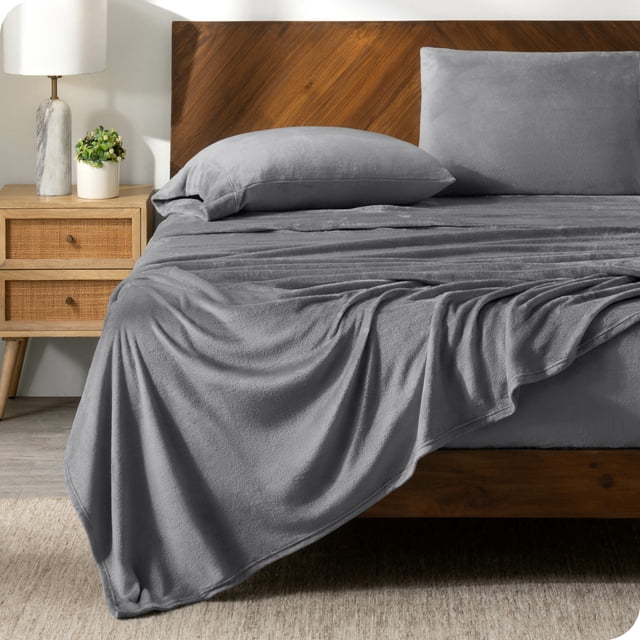 Bare Home Juego de Sábanas de Felpa Polar Ultra Suave, de Bolsillo Profundo, Tamaño Queen, Gris
