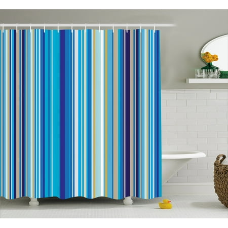 - Blue Shower Curtain, Vertical Stripes Repeating Retro Revival Pattern Funky Abstract Composition, Fabric Bathroom Set with Hooks, 69W X 70L Inches, Mustard Blue White, by Ambesonne