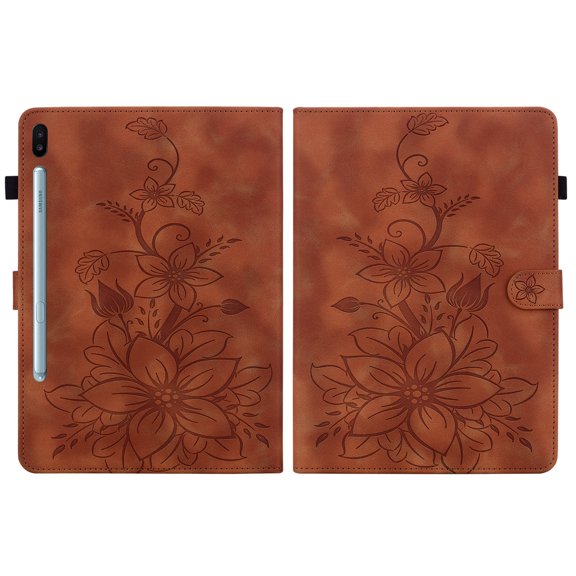 FJLBDE Case for Samsung Galaxy Tab S6 10.5 2019 SM-T860 T865 T867, Embossed Flower Leather Flip Wallet Folio Stand Cover, Brown
