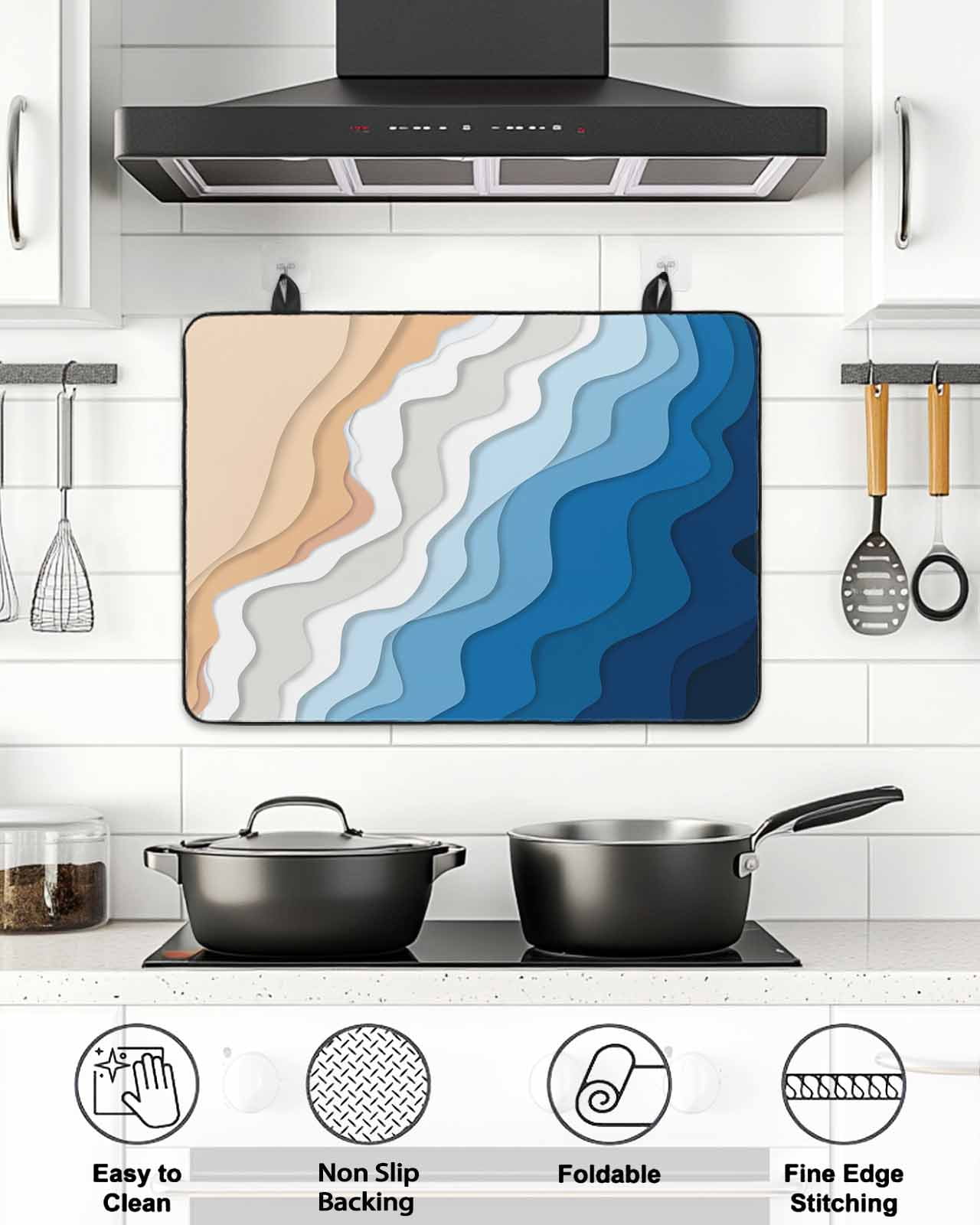 Stove Top Covers for Electric Stove, Blue Geometric Beach Glass Stovetop Cover Protector, Ombre Waves Moire Abstract Art Induction Cooktop Protector Oven Mat for Kitchen Countertop 36"x21"