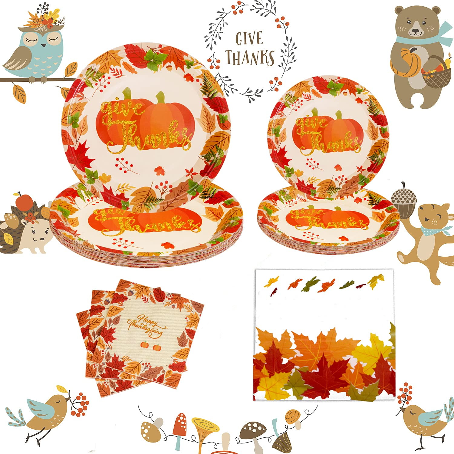 Autumn Paper Plates and Napkins, Cups, Cutlery for Thanksgiving, Fall Party  Supplies (Serves 24, 144 Pieces)