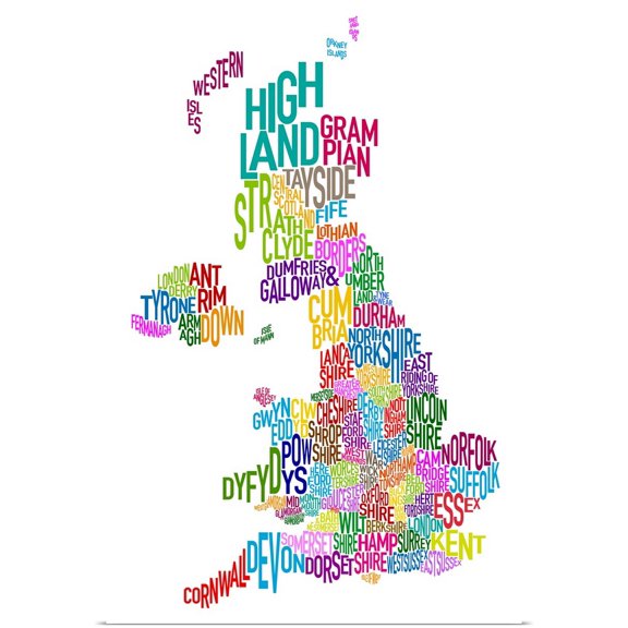 Great BIG Canvas | Rolled Michael Tompsett Poster Print entitled UK Map make up of County names - rainbow colors