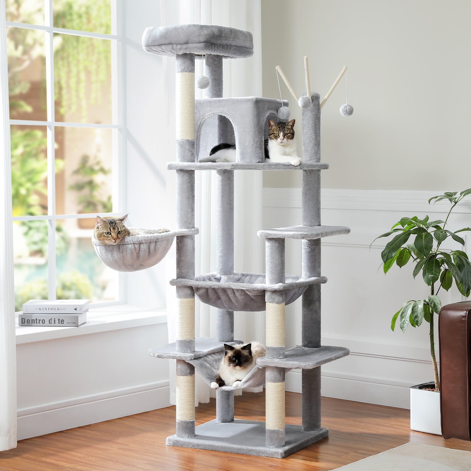 resenkos 70" Large Cat Tree Tower with Scratching Posts, Perches, Basket, Hammock, Multi-Level Plush Cat Condo for Indoor Cats, Gray