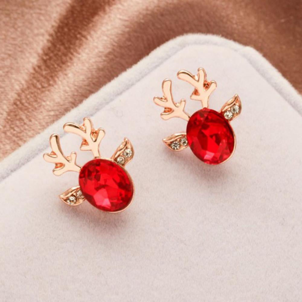 Crystal Gemstone Earrings Three-dimensional Christmas Reindeer Antlers Earrings Christmas Earrings