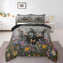 Manfei Teens Farmhouse Cow Queen Comforter Set, Vibrant Groovy Flower Bedding Comforter Set, Butterfly Animal Reversible Bedding Set, Luxury Bedroom Decor, 3 Pieces