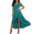 thumbnail image 2 of Women's Maxi Dress Plus Size V-Neck Short Sleeve Front Slit Solid Color Summer Beach Holiday Boho Flowy Long Dress, 2 of 7