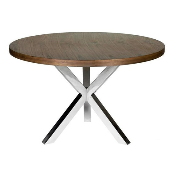Pemberly Row Modern Wood Veneer & High Polished Steel Dining Table in Walnut