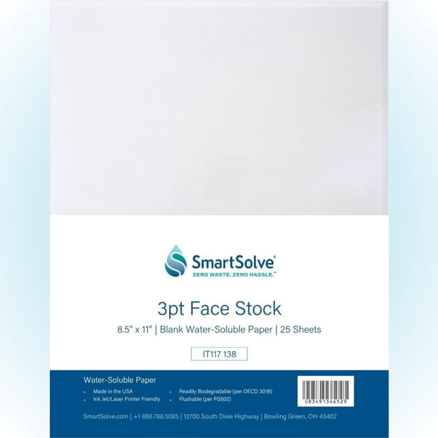 Papel soluble en agua SmartSolve 3 pt 25 hojas 21,6 x 27,9 cm