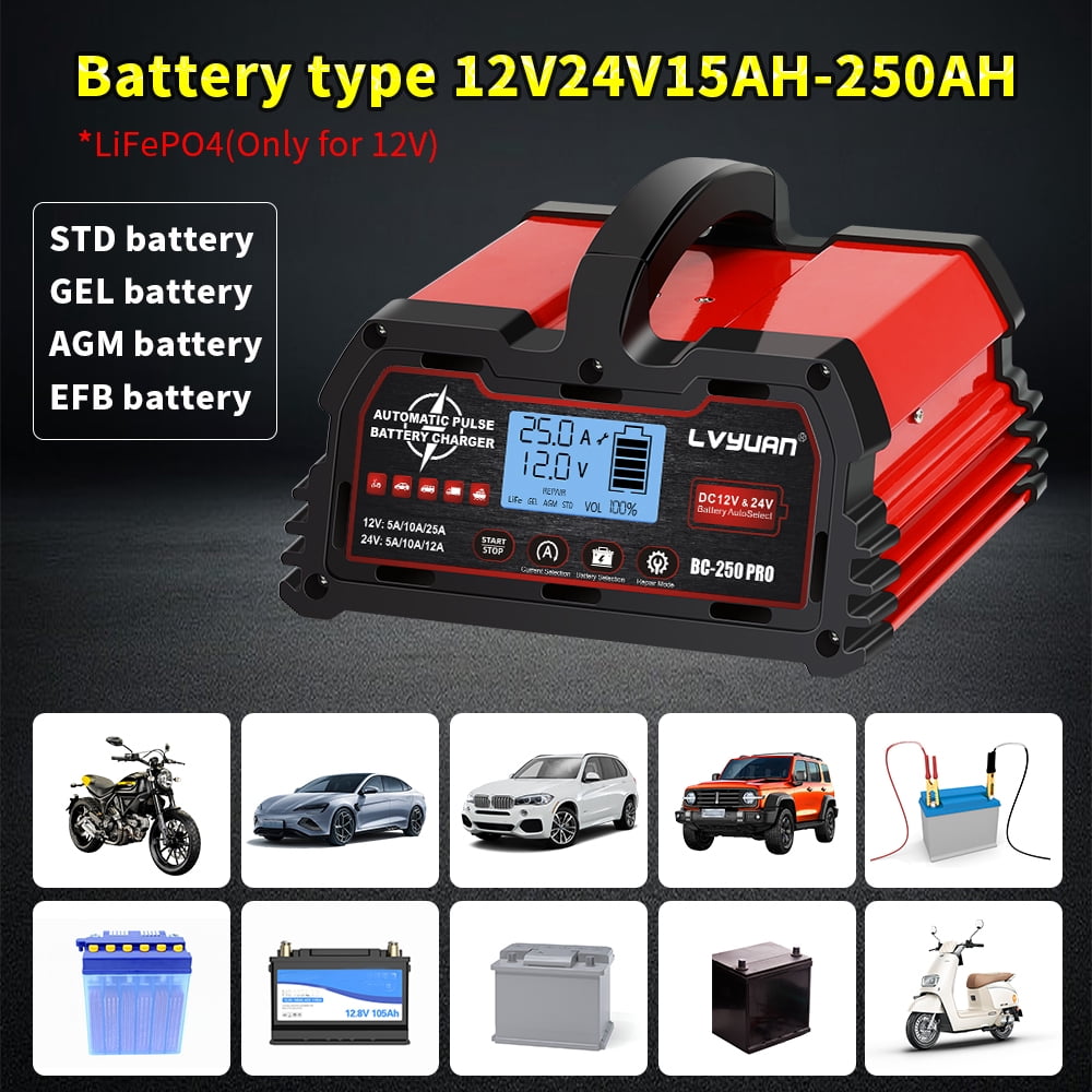 LVYUAN 25A 12V/24V Automotive Battery Charger Float & Trickle Battery Charger Maintainer Desulfator for Car, Truck, Motorcycle, lawn mower, LiFePO4 & Lead-Acid Batteries