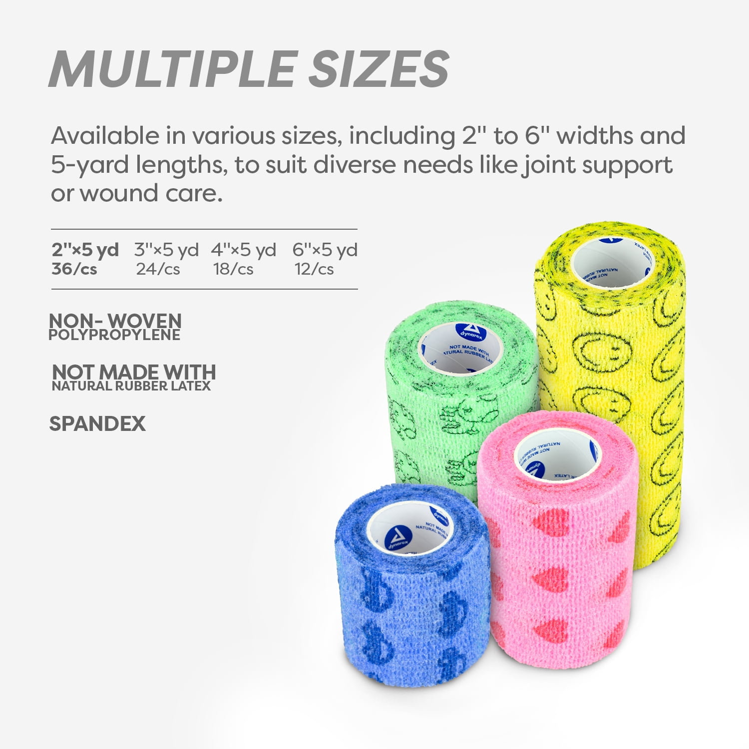 Dynarex Sensi-Wrap Self-Adhesive Bandages, 36-Pack, 2" x 5 yards, Assorted Colors - for Kids, Latex-Free, Colored Elastic Cohesive Athletic Tape, Tattoo Grip & Vet Wrap