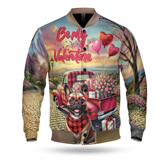Be My Valentine's French Bulldog Truck Full of Love Flower Balloon All Over Print 3D Baseball Jacket Dog Lover Gifts Bomber Jacket Softball - 02029