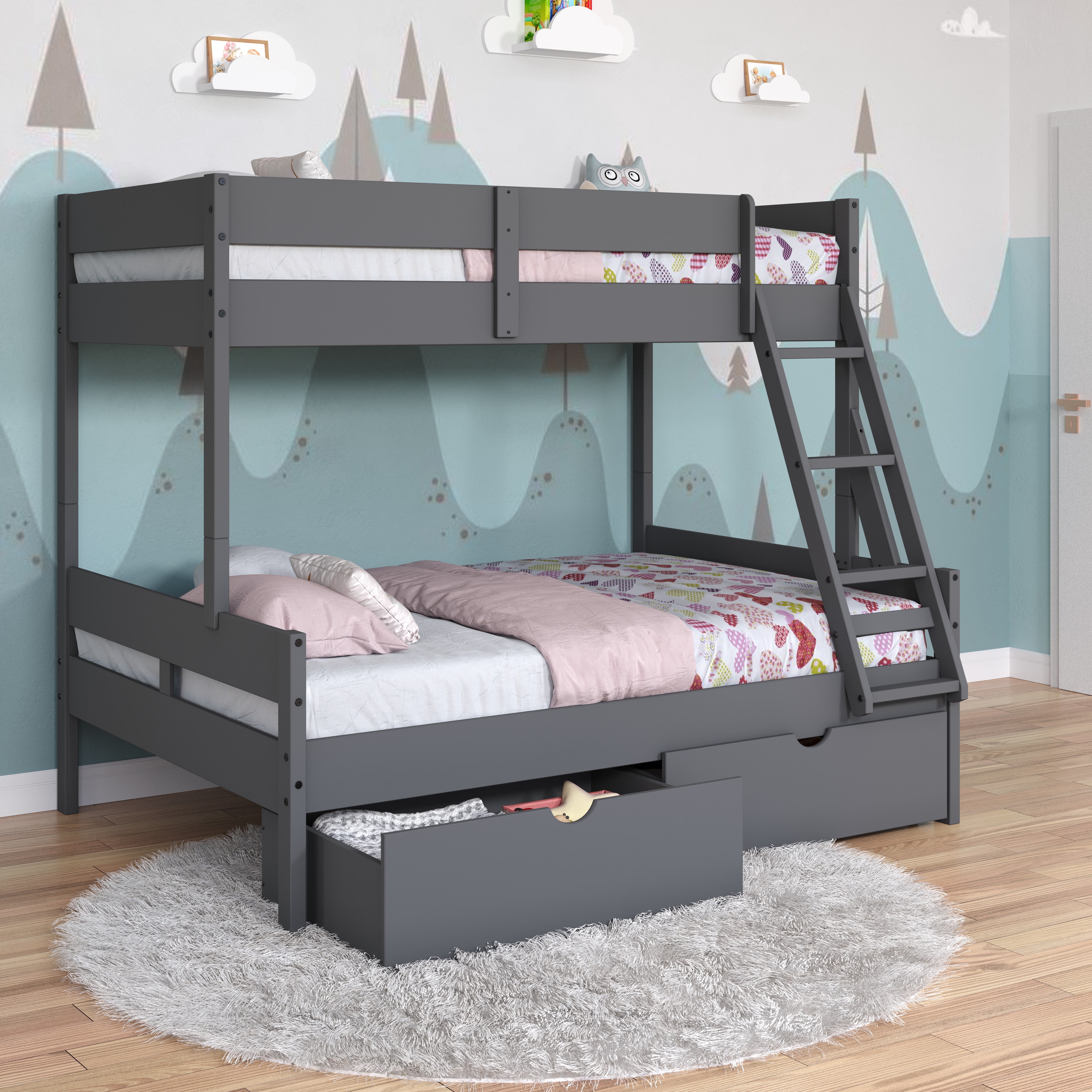 Donco Kids Low Board Panel Twin over Full Bunkbed with Dual Underbed Drawers