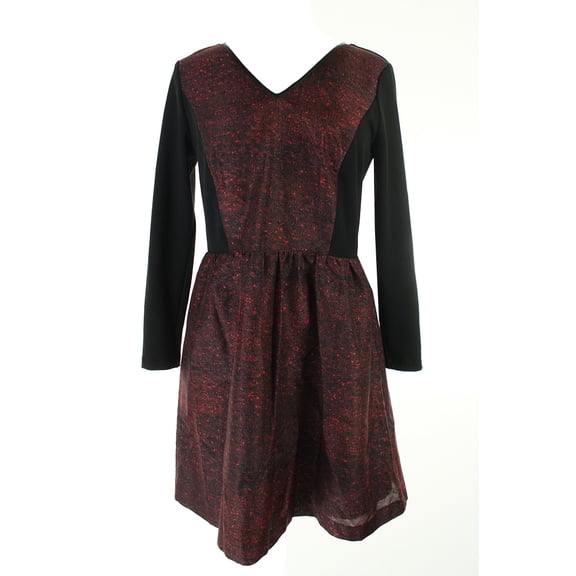 Kensie  Red Printed Three-Quarter-Sleeve Lace-Inset Dress XS