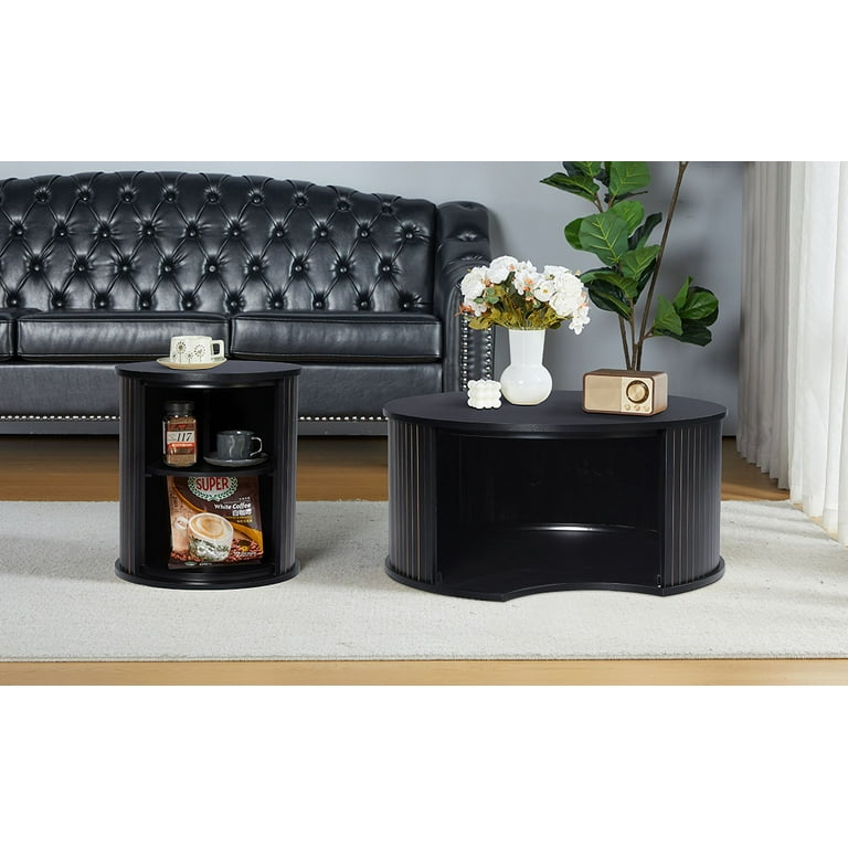 Wirrytor Black Round Coffee Table Set of 2 Nesting Coffee Table Modern for Living Room Circle Fluted Drum Coffee Table Side Tables for Apartment