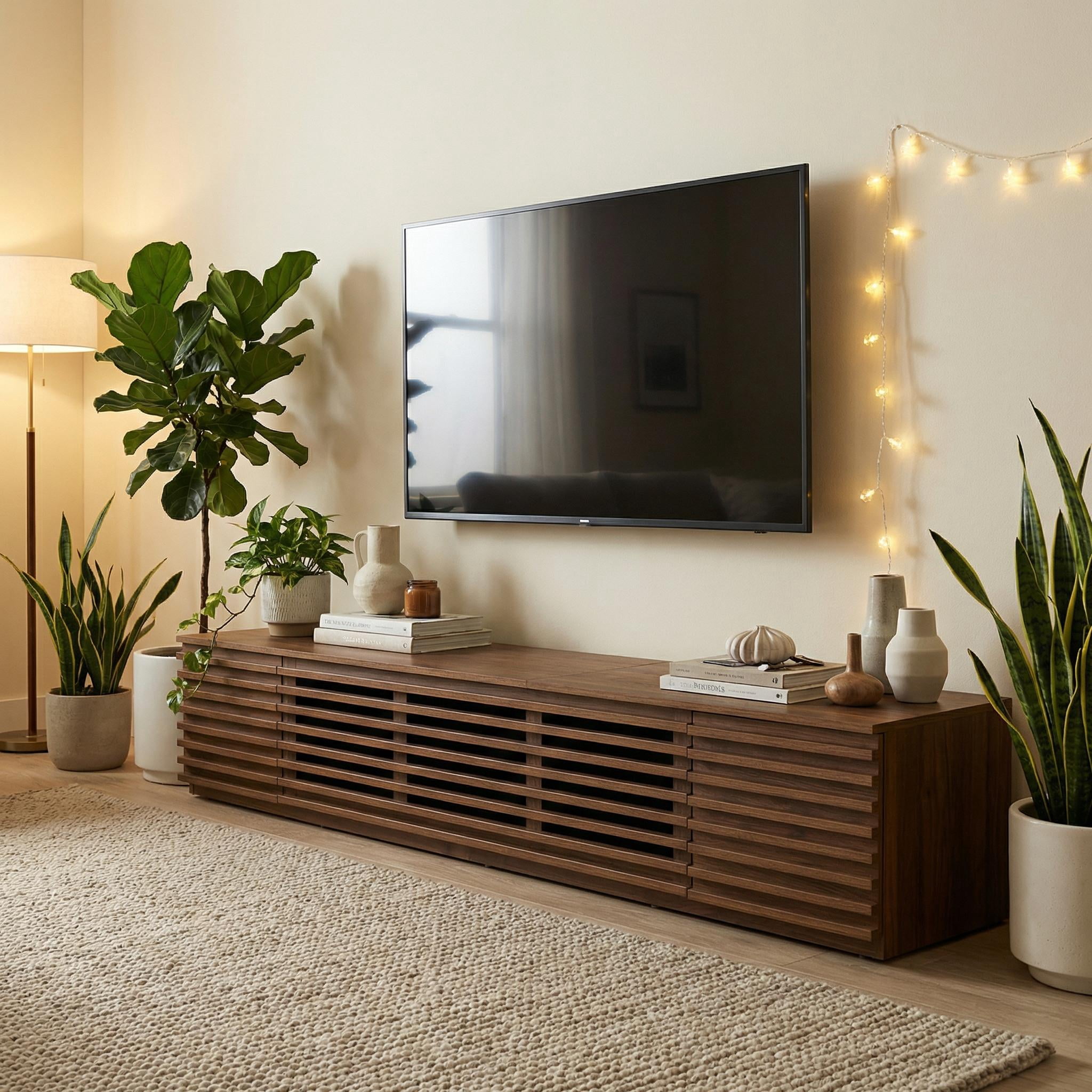 Homy Casa 70.8" TV Stand with Slatted Doors and Storage Cabinets, Modern Wood Media Console