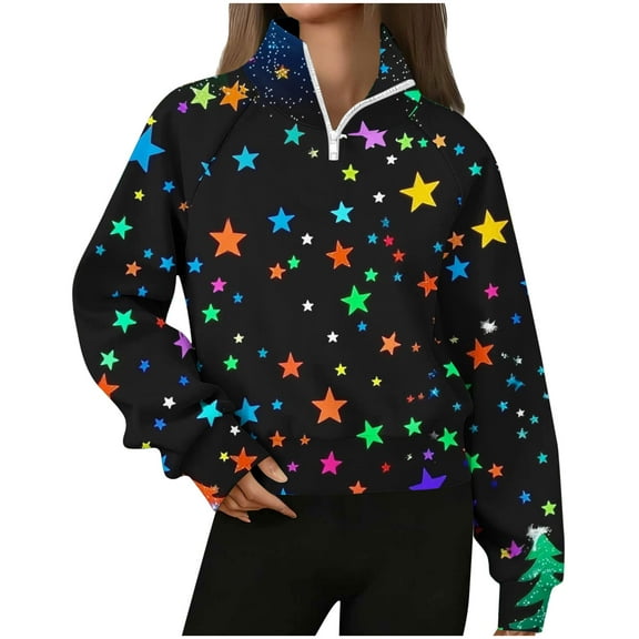 successthop Christmas Sweatshirts for Women Star Fleece Quarter Zip Long Sleeve Sweater Streetwear Casual Top Green XL