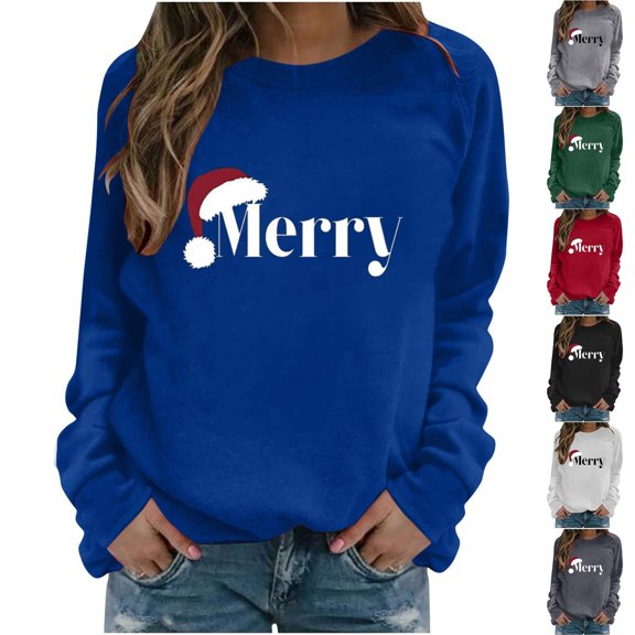 Nmnitkp Sweatshirt for Women Christmas Printed Comfortable Long Sleeve Round Neck Ladies Sweatshirt Blouse Blue,L