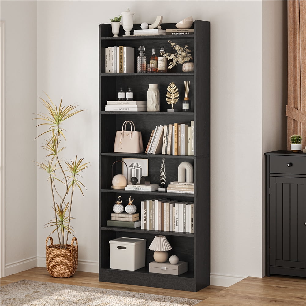 Renwick Wooden 7 Layer Open Shelf Bookcase with Compartment, Black