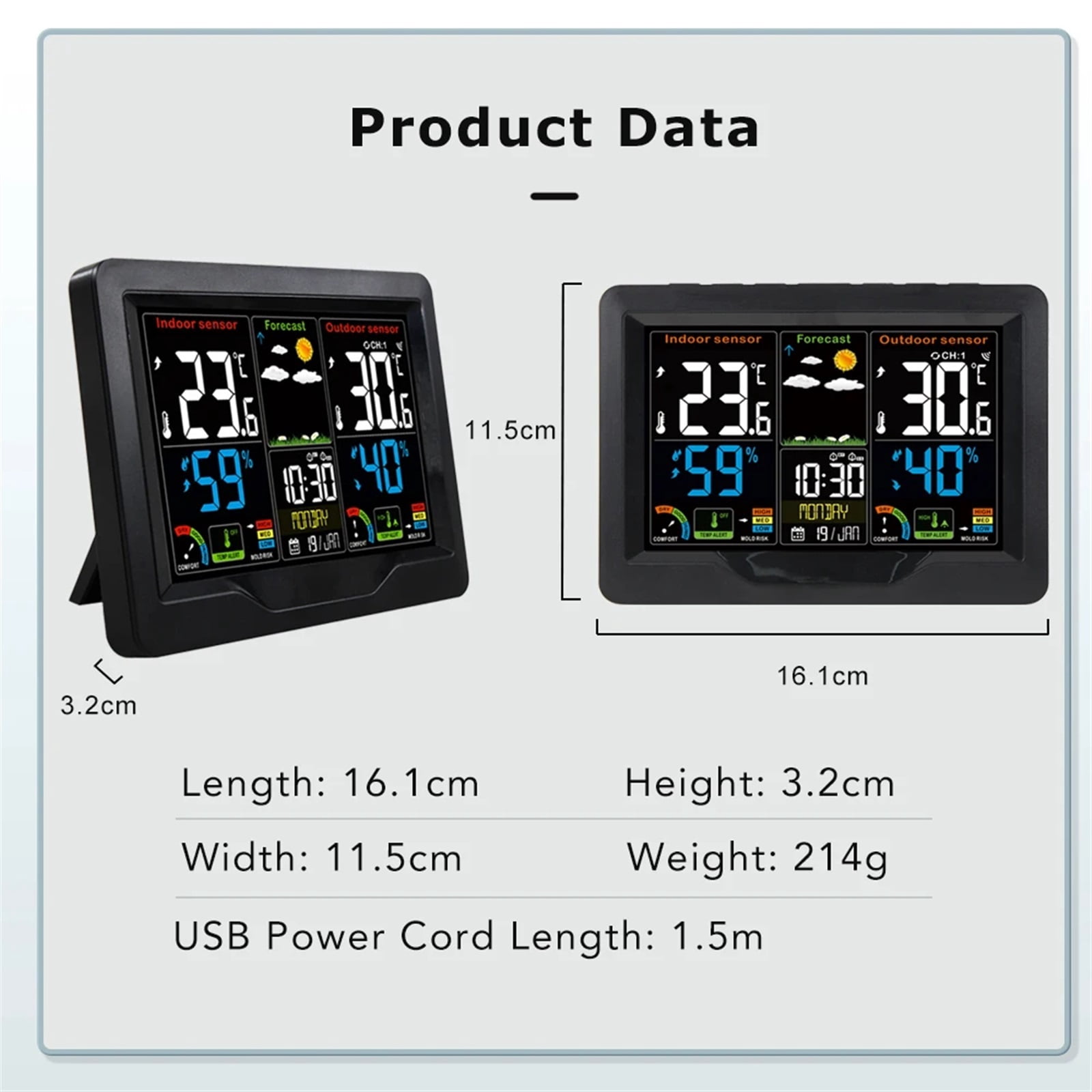 Weather Station Thermometer Humidity Forecast Mildew Grade Alarm Clock Wireless Desk Table Tool 3 with Outdoor Sensors ,High Precision