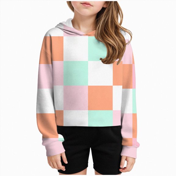 KPOPLK Teen Girl Hoodies Fall Winter 3-12 Years Pullover Long Sleeve Plaid Print Top Clothes Pink,Size 3-4 Y