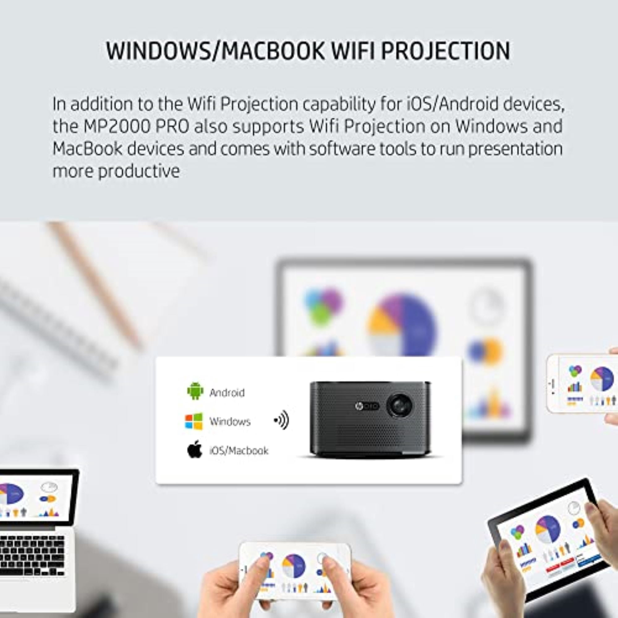 HP 1080P Projector MP2000 PRO 650 ANSI Lumens, Wireless, Auto Focus, Bluetooth, Home Theater Ready.