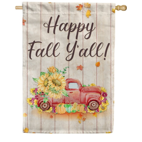 America Forever Happy Fall Y'all House Flag Fall Red Truck Sunflowers 28 x 40 inch Double Sided Autumn Floral Farmhouse Seasonal Yard Outdoor Decoration