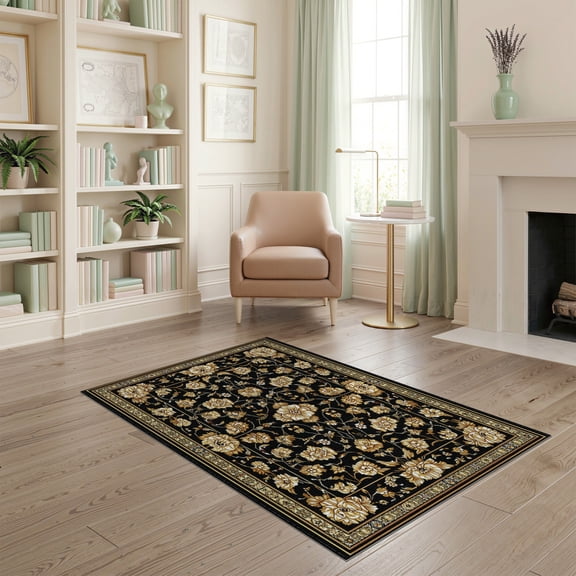 ODIKA 4'x6' Dark Brown Vintage Academia Gothic Washable Area Rug Faded Bloom Motif Rustic Border Southwest Frame Layout Non-Slip, Chair-Friendly, Flatwoven for Home Office, Under Desk