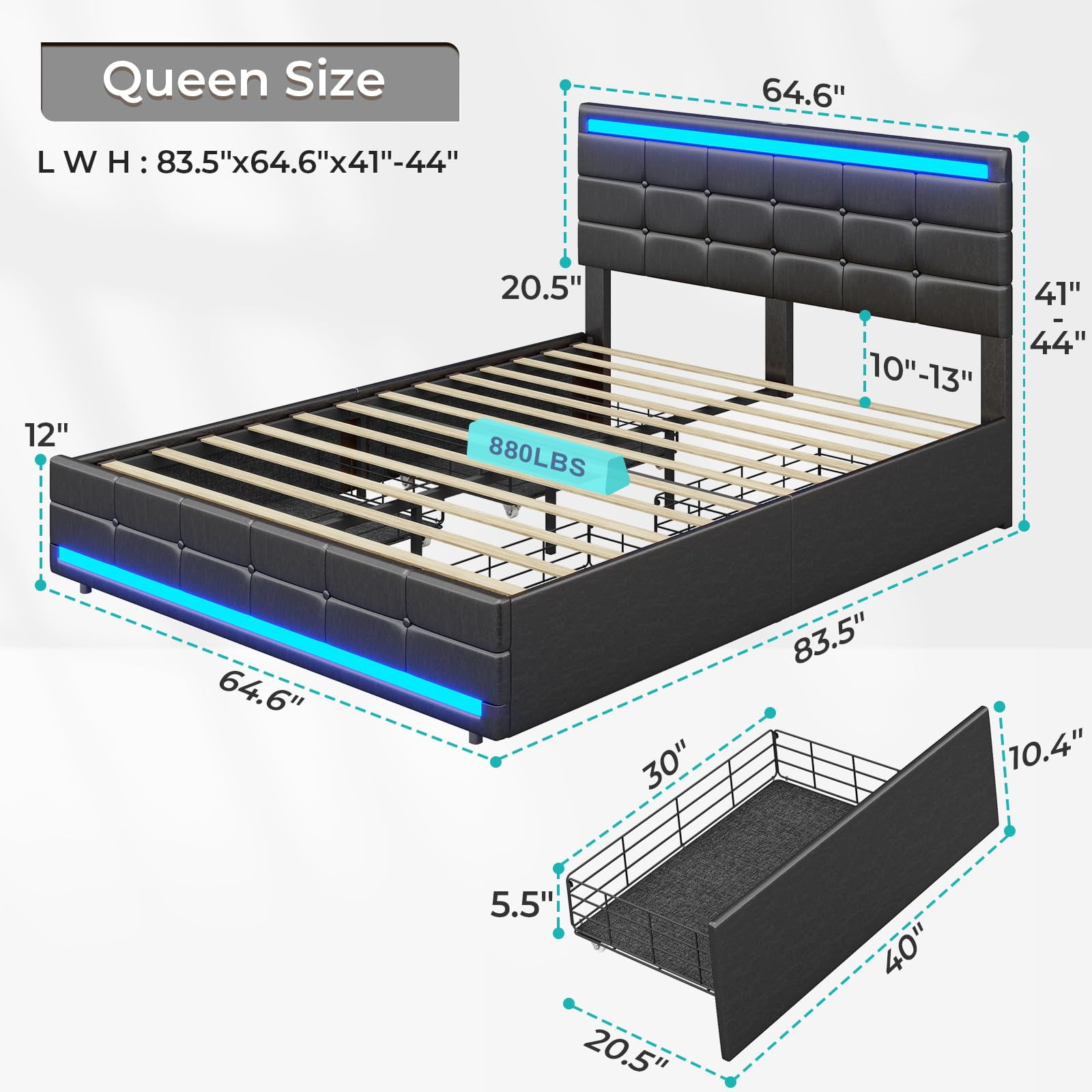 Amuzer Queen Size Bed Frame with USB, Upholstered Platform Bed Frame with Drawers and LED Lights, Black