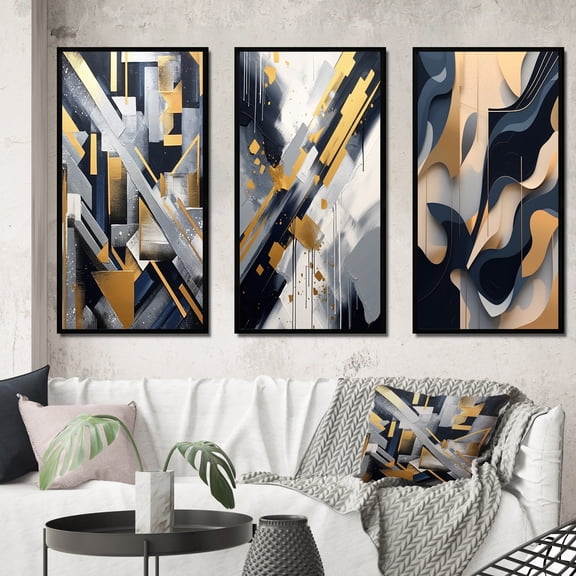 Designart "Abstractions in Gold and Grey III" Abstract Shapes Framed Wall Art Set Of 3 - Grey Shapes Frame Gallery Wall Set For Home Decor