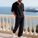 thumbnail image 1 of Ceisia Men's Loose Fit Cotton-Linen 2-Piece Set Hooded Henley Long Sleeve Shirt with Elastic Waist Wide Leg Pants Gifts, 1 of 8