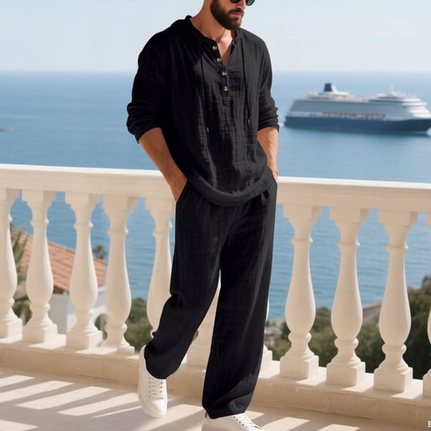 Ceisia Men's Loose Fit Cotton-Linen 2-Piece Set Hooded Henley Long Sleeve Shirt with Elastic Waist Wide Leg Pants Gifts