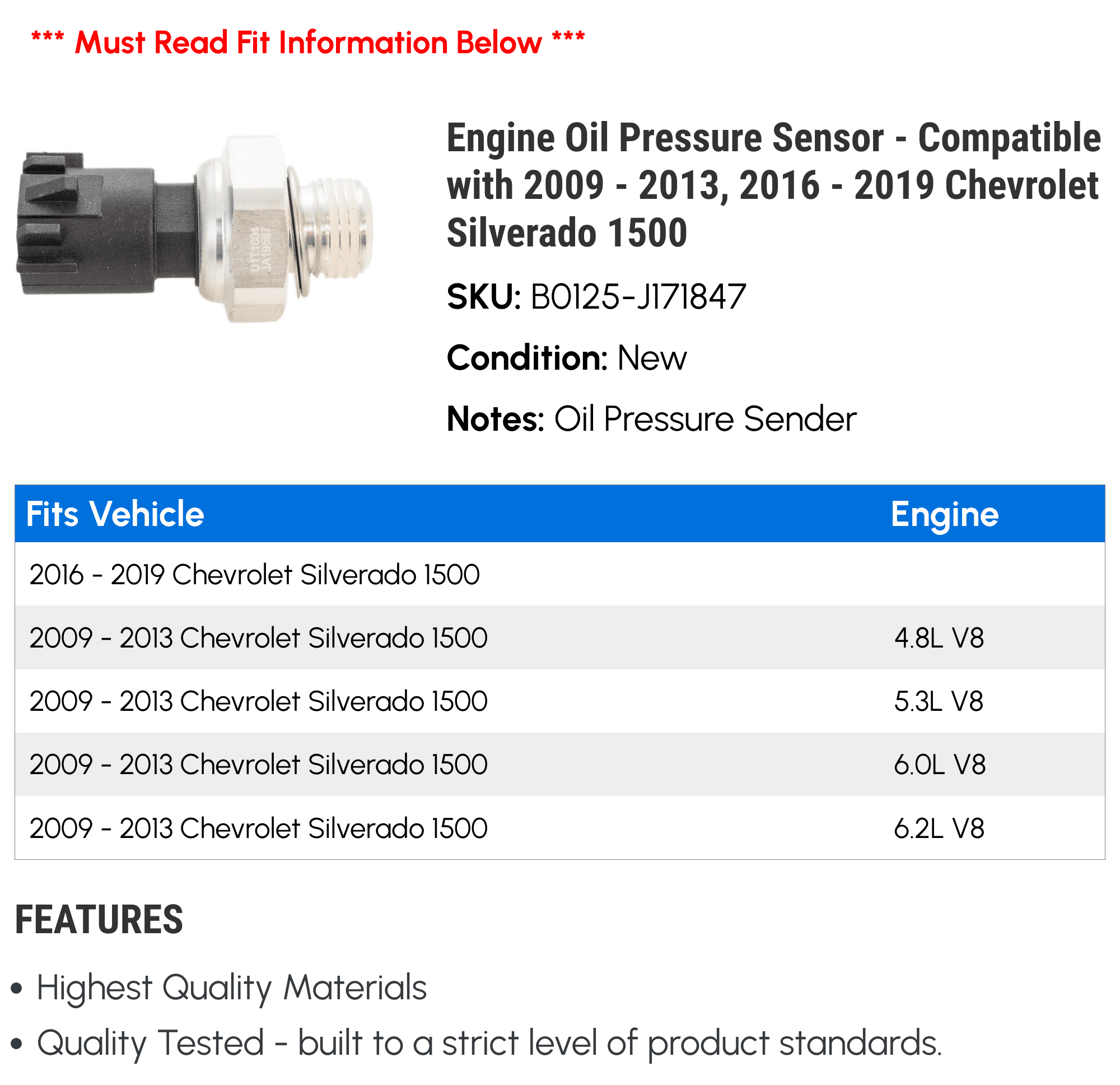 Engine Oil Pressure Sensor - Compatible with 2009 - 2013, 2016 - 2019 Chevy Silverado 1500 2010 2011 2012 2017 2018